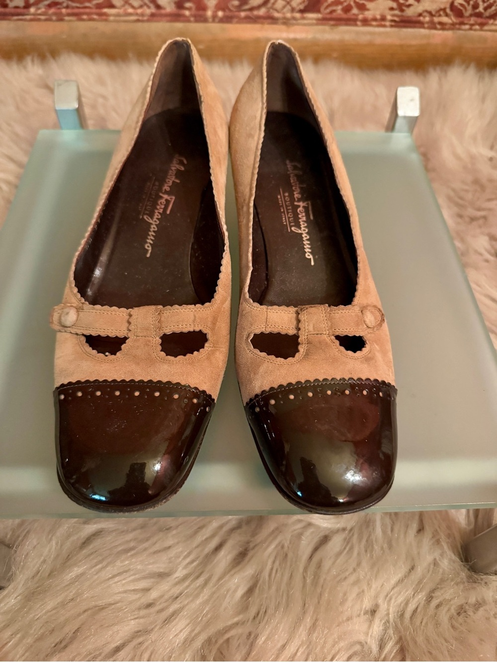 Salvatore Ferragamo Beige Suede and Dark Brown Patent Toe Flats